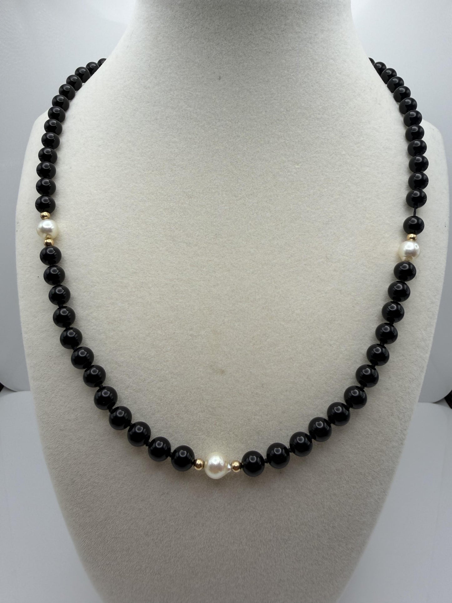 14K Gold Black Bead & Pearl Necklace 20” | Elegant Onyx Style Beaded Necklace