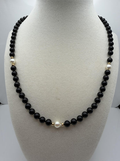14K Gold Black Bead & Pearl Necklace 20” | Elegant Onyx Style Beaded Necklace
