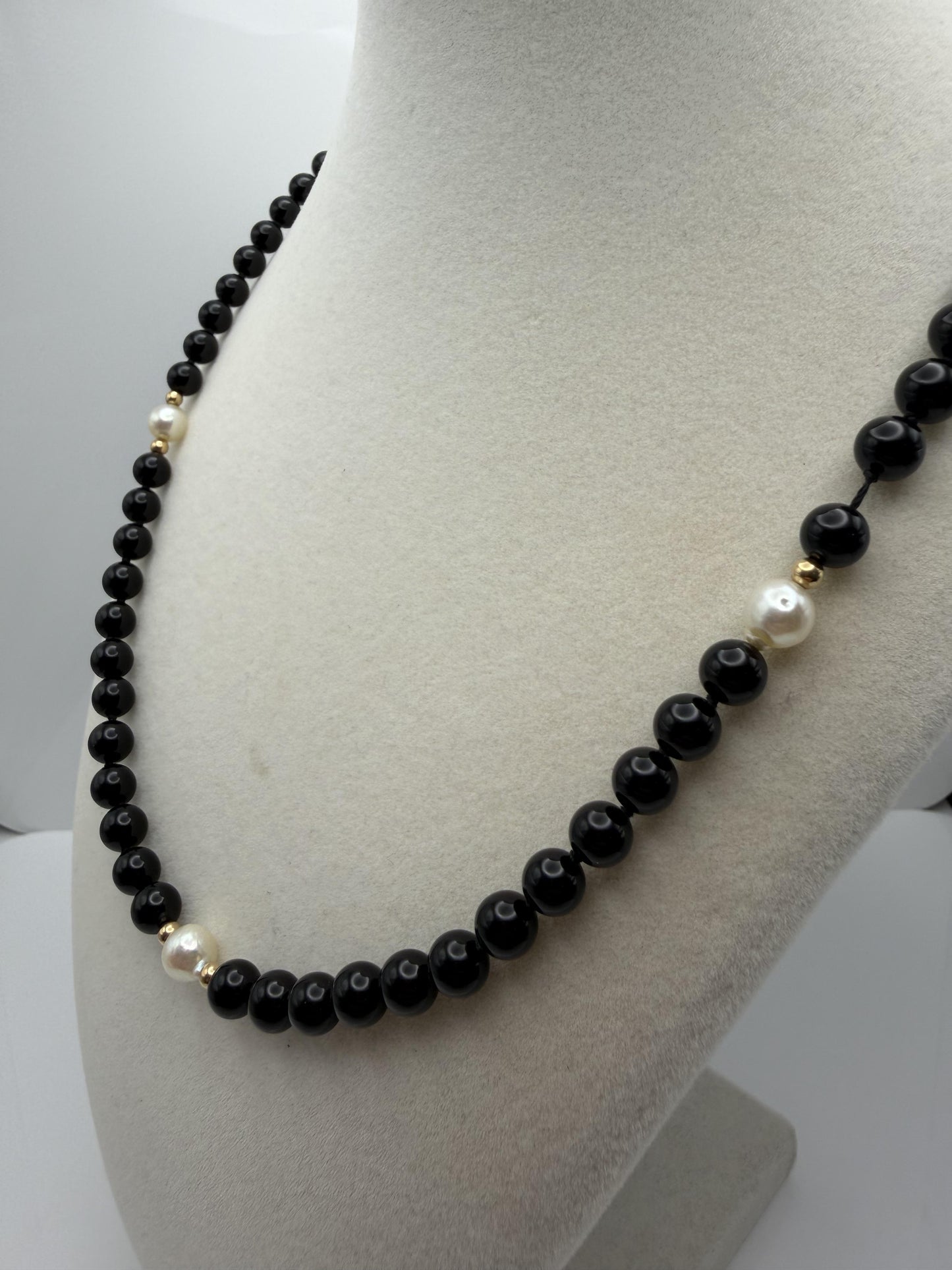 14K Gold Black Bead & Pearl Necklace 20” | Elegant Onyx Style Beaded Necklace
