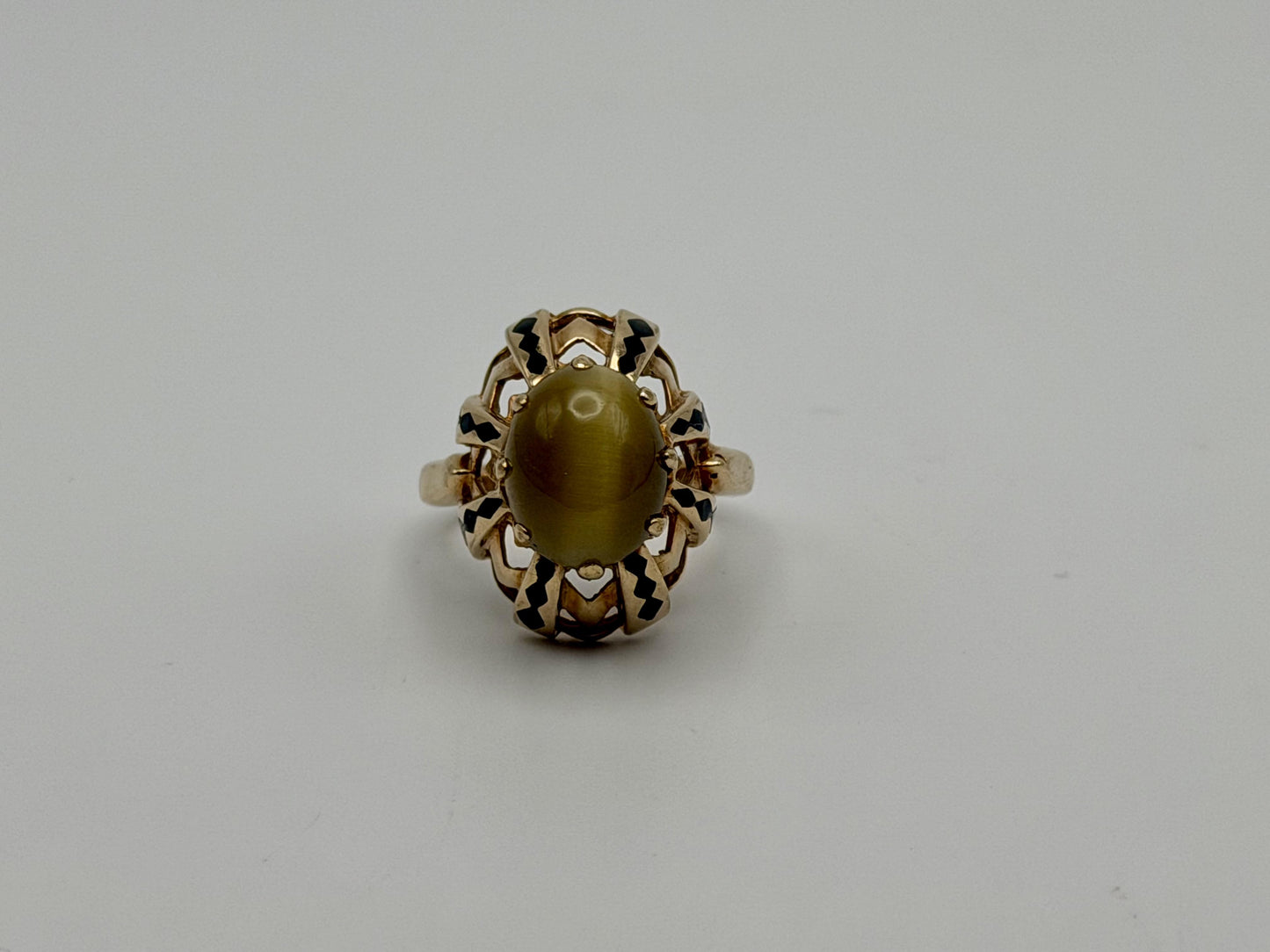 Vintage 10k Yellow Gold Cat's Eye Chrysoberyl Ring Oval Shape Dinner Ring