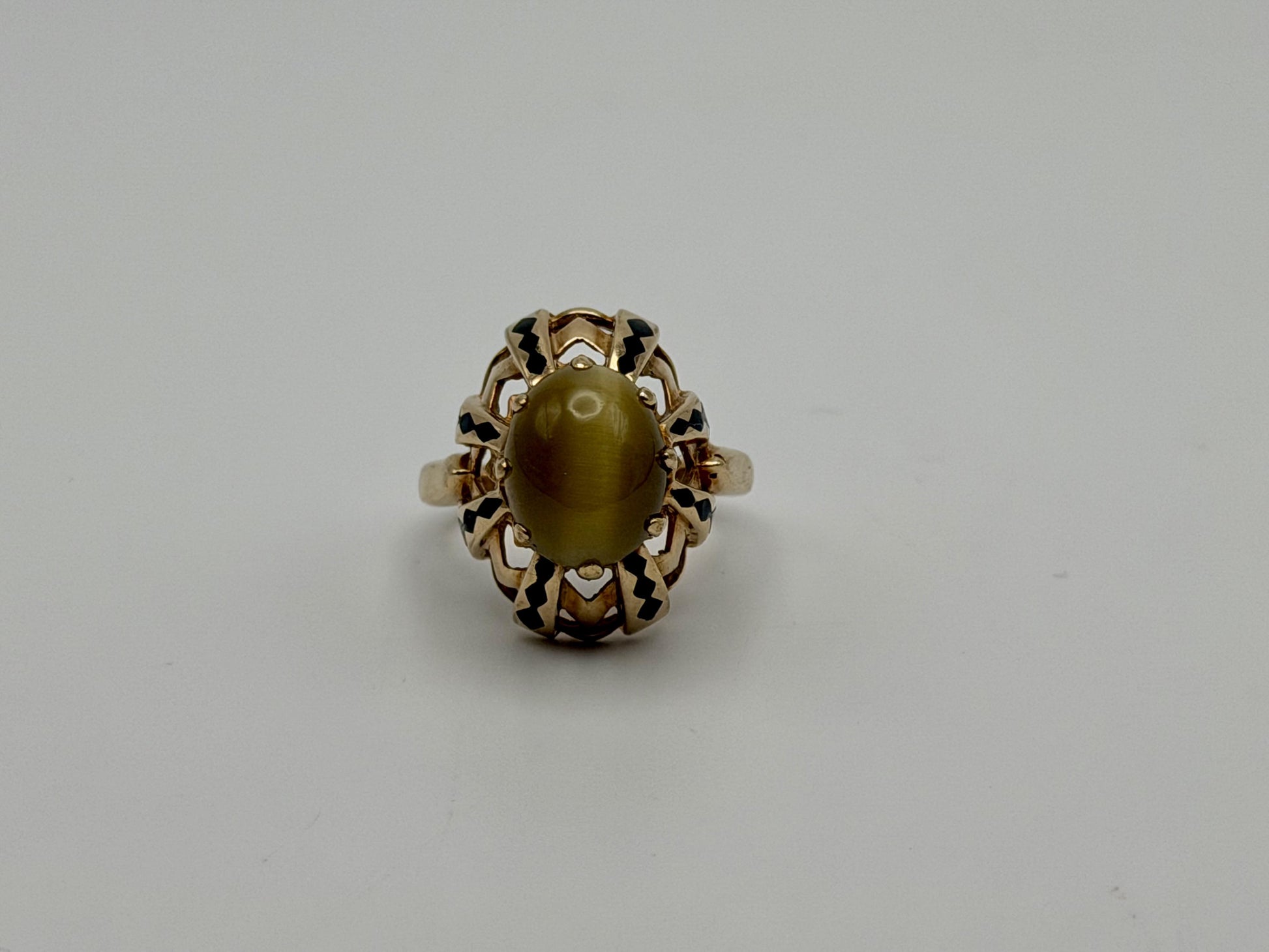 Vintage 10k Yellow Gold Cat's Eye Chrysoberyl Ring Oval Shape Dinner Ring