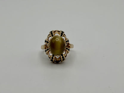 Vintage 10k Yellow Gold Cat's Eye Chrysoberyl Ring Oval Shape Dinner Ring