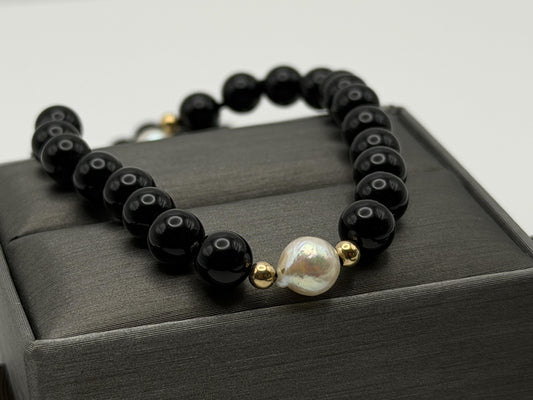14K Gold Black Bead & Pearl Necklace 20” | Elegant Onyx Style Beaded Necklace