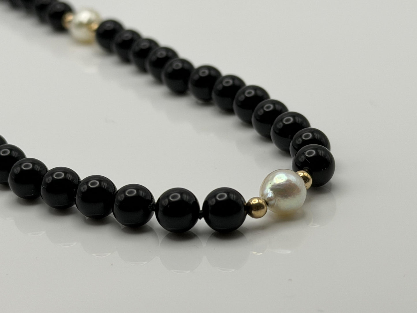 14K Gold Black Bead & Pearl Necklace 20” | Elegant Onyx Style Beaded Necklace
