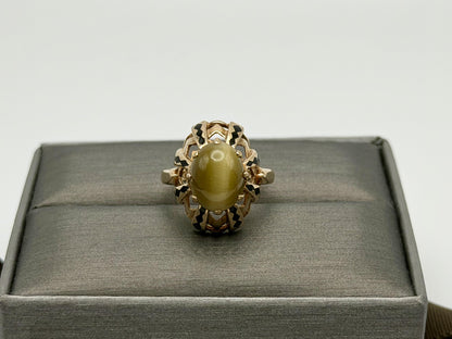 Vintage 10k Yellow Gold Cat's Eye Chrysoberyl Ring Oval Shape Dinner Ring