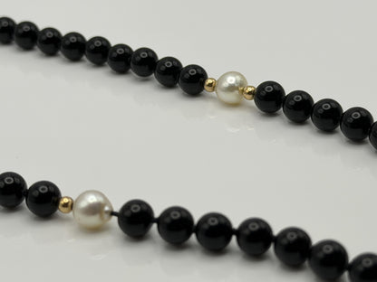 14K Gold Black Bead & Pearl Necklace 20” | Elegant Onyx Style Beaded Necklace