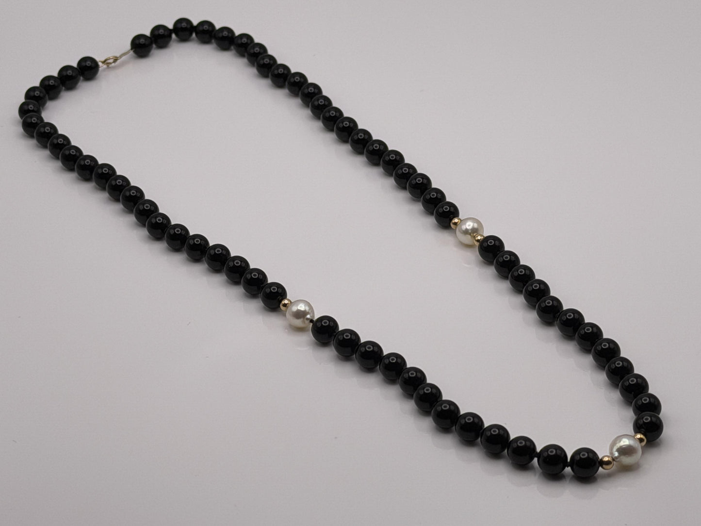 14K Gold Black Bead & Pearl Necklace 20” | Elegant Onyx Style Beaded Necklace