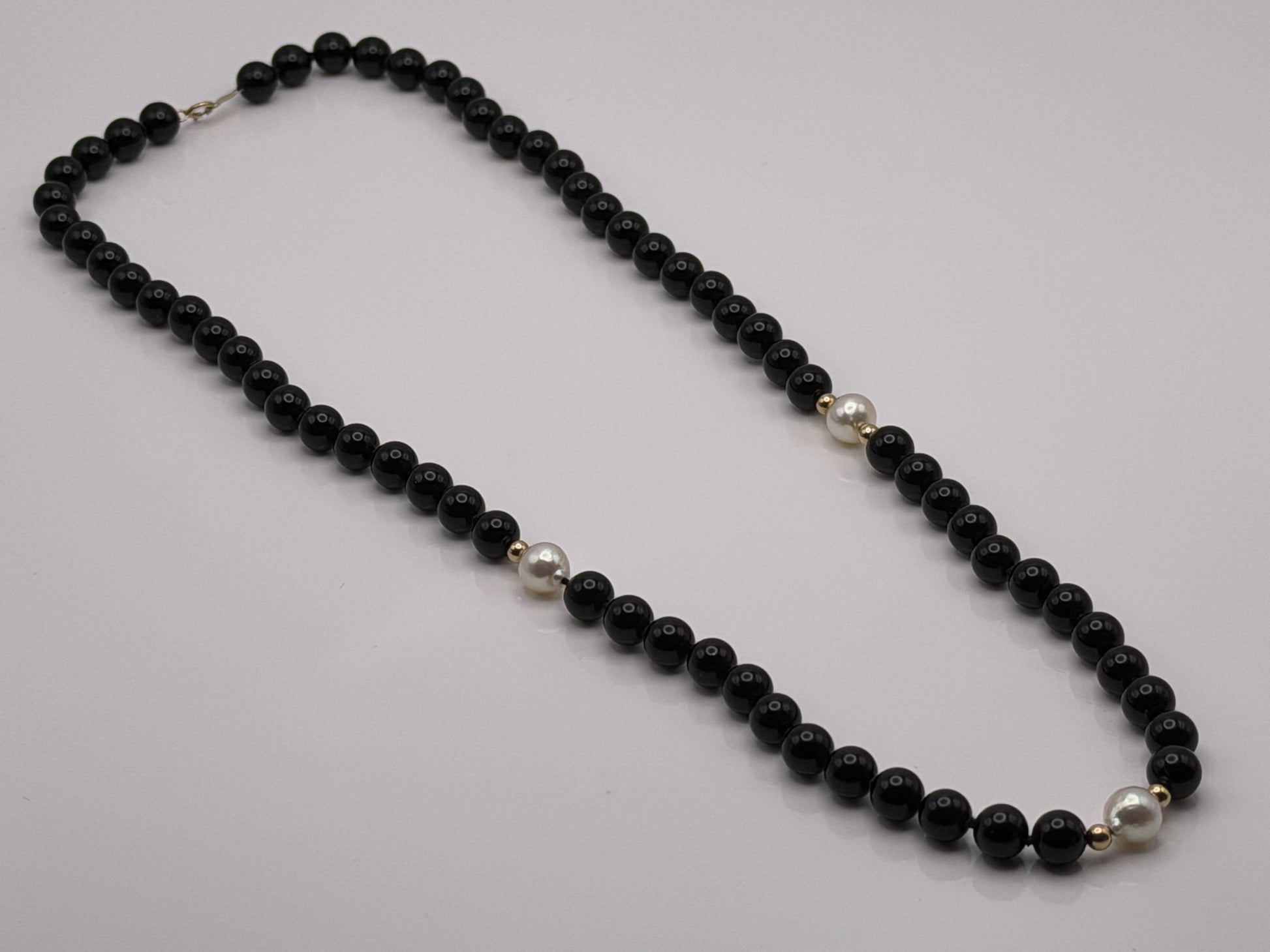 14K Gold Black Bead & Pearl Necklace 20” | Elegant Onyx Style Beaded Necklace