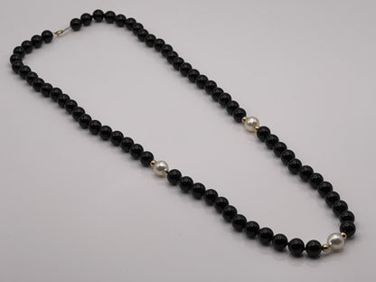 14K Gold Black Bead & Pearl Necklace 20” | Elegant Onyx Style Beaded Necklace