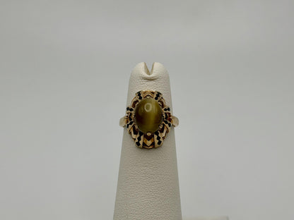 Vintage 10k Yellow Gold Cat's Eye Chrysoberyl Ring Oval Shape Dinner Ring
