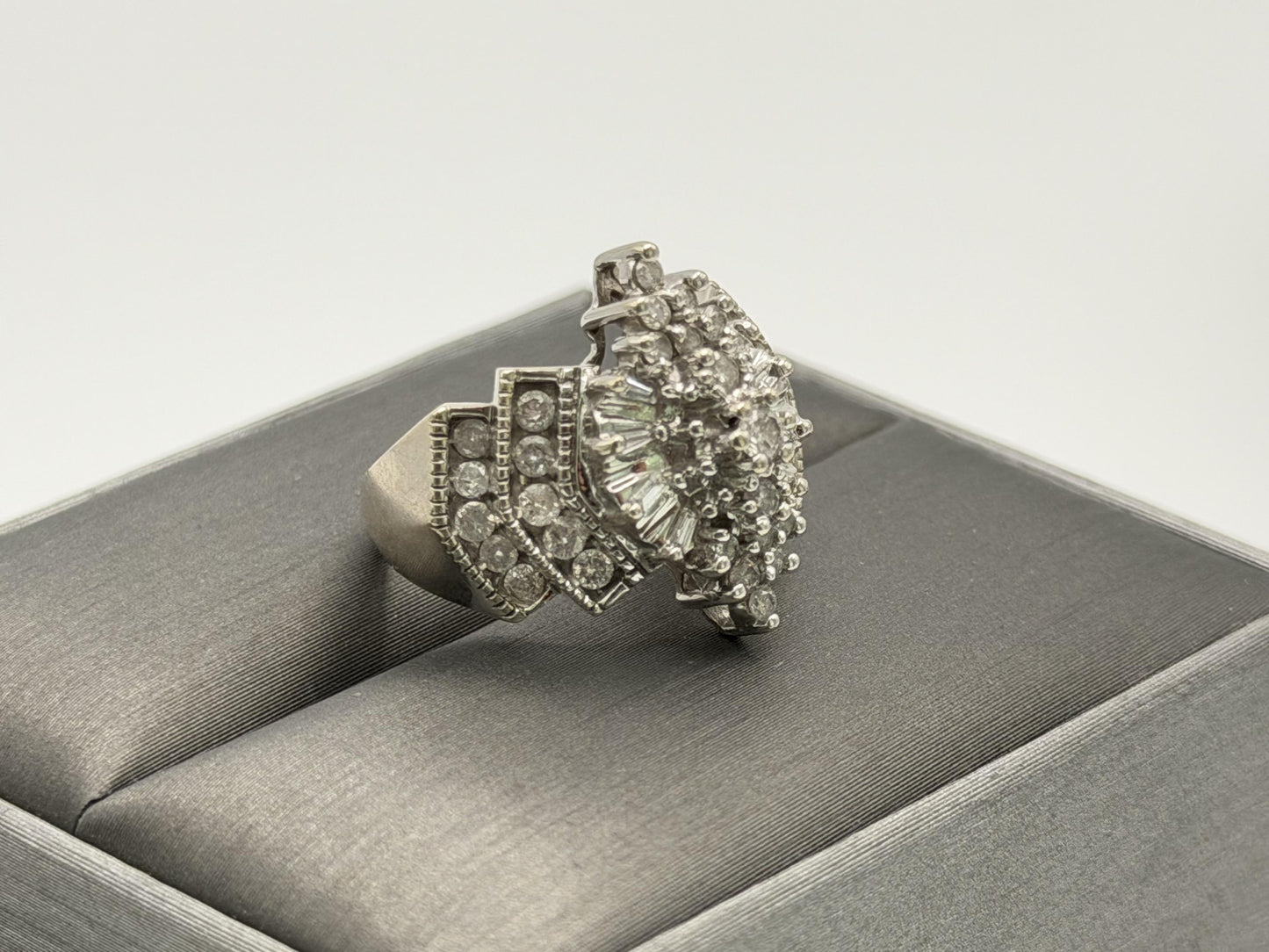 14k White Gold Diamond 1.25 CTW Cluster Ring Vintage Cocktail Ring.