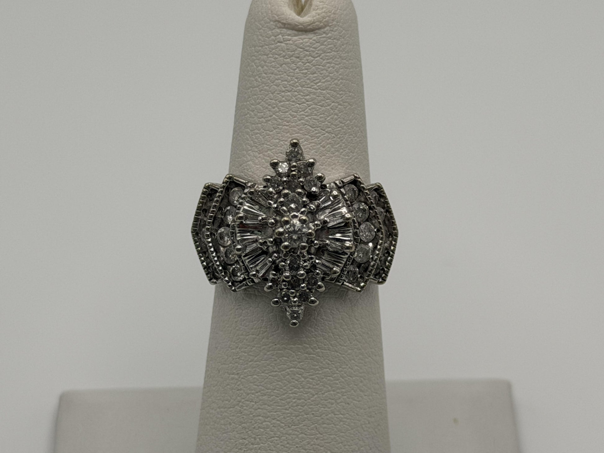 14k White Gold Diamond 1.25 CTW Cluster Ring Vintage Cocktail Ring.