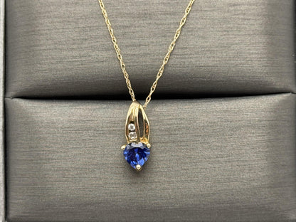 10k Gold Diamond & Blue Sapphire Heart Love Pendant 18" Chain Necklace
