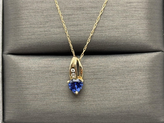 10k Gold Diamond & Blue Sapphire Heart Love Pendant 18" Chain Necklace