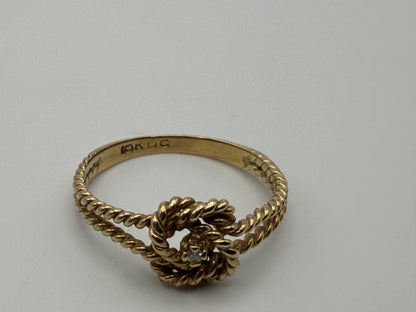 10k Yellow Gold Double Ring Cable Rope Knot Diamond Promise Ring.