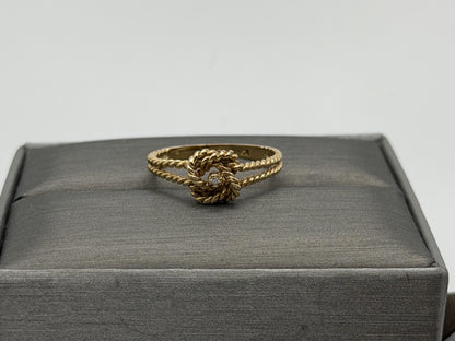 10k Yellow Gold Double Ring Cable Rope Knot Diamond Promise Ring.