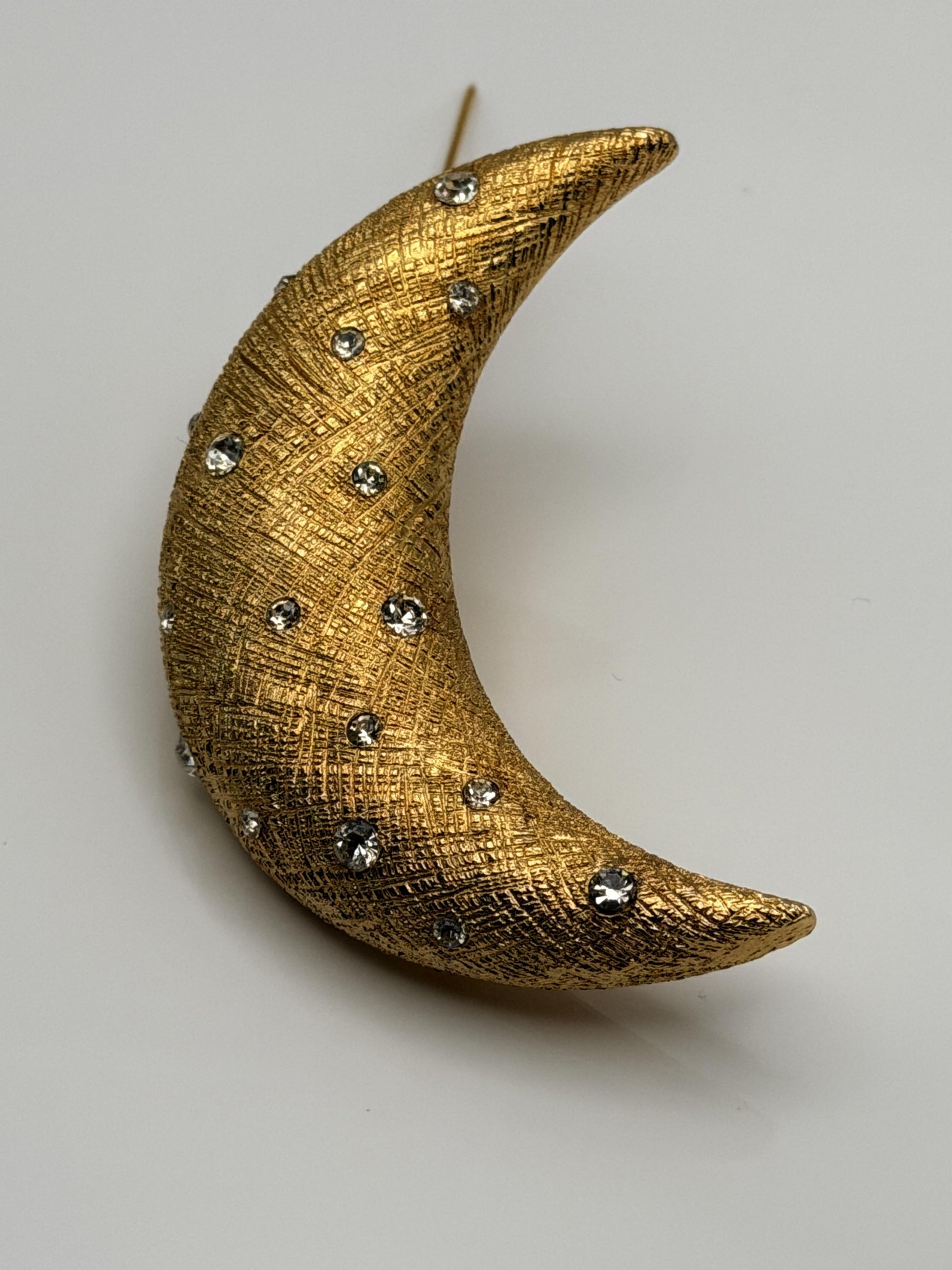 Real Christian Dior 18k Gold Plated Crescent Moon Brooch Pin Vintage Rhinestone