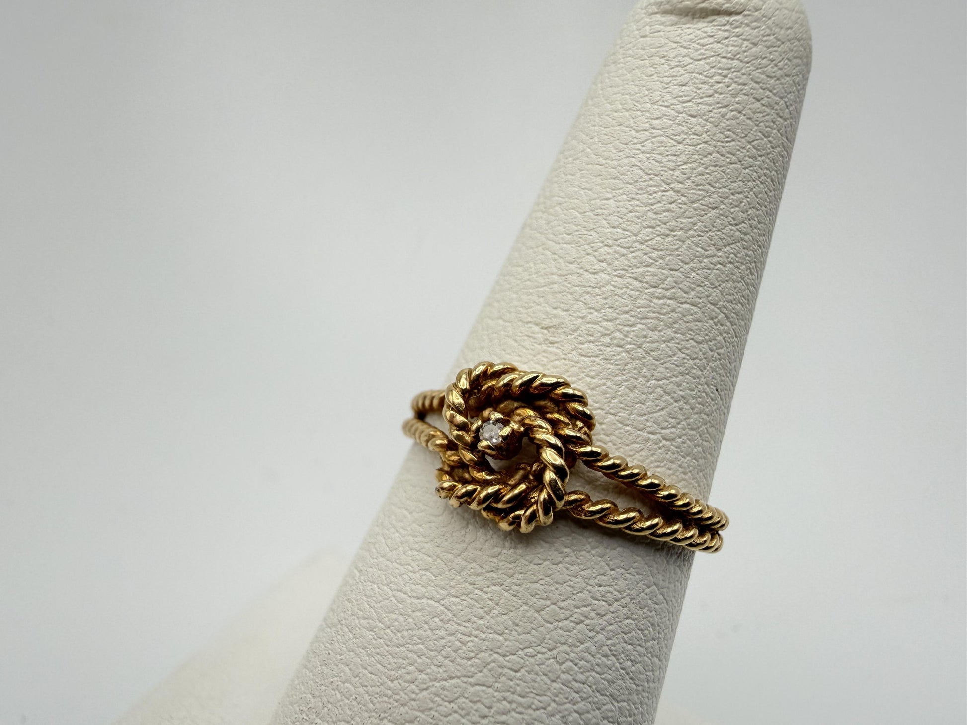 10k Yellow Gold Double Ring Cable Rope Knot Diamond Promise Ring.