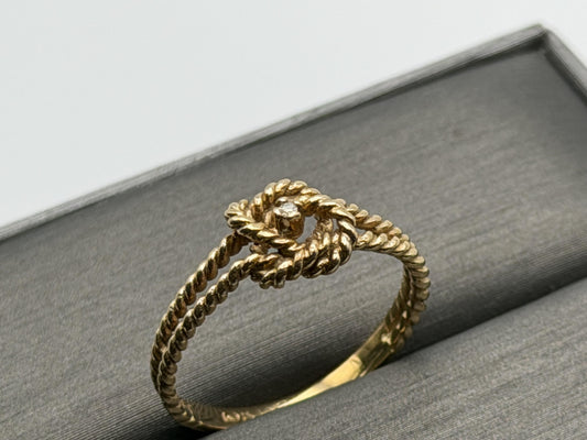10k Yellow Gold Double Ring Cable Rope Knot Diamond Promise Ring.