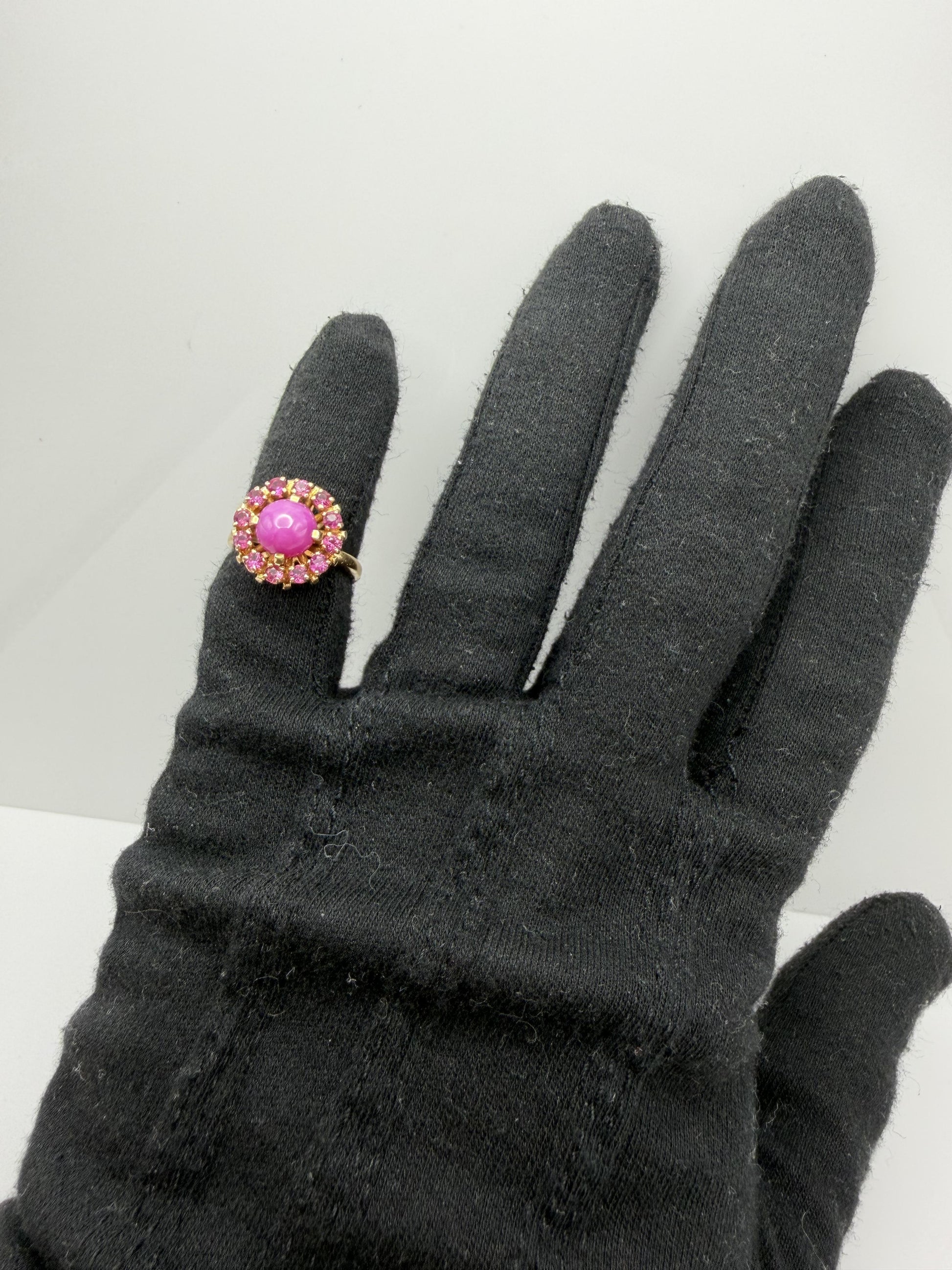 14K Gold Ruby Halo Ring Star Ruby Center Vintage Style Pink Ruby Cluster