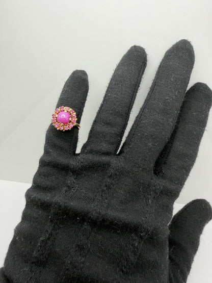 14K Gold Ruby Halo Ring Star Ruby Center Vintage Style Pink Ruby Cluster
