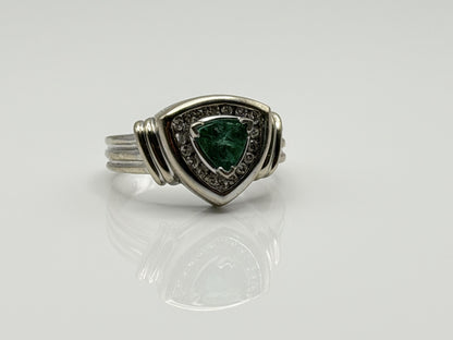 Heavy 14K White Gold Green Emerald & .25ctw Diamond Ring Trillion Cluster Ring