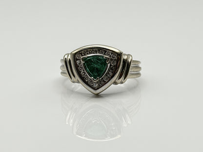 Heavy 14K White Gold Green Emerald & .25ctw Diamond Ring Trillion Cluster Ring
