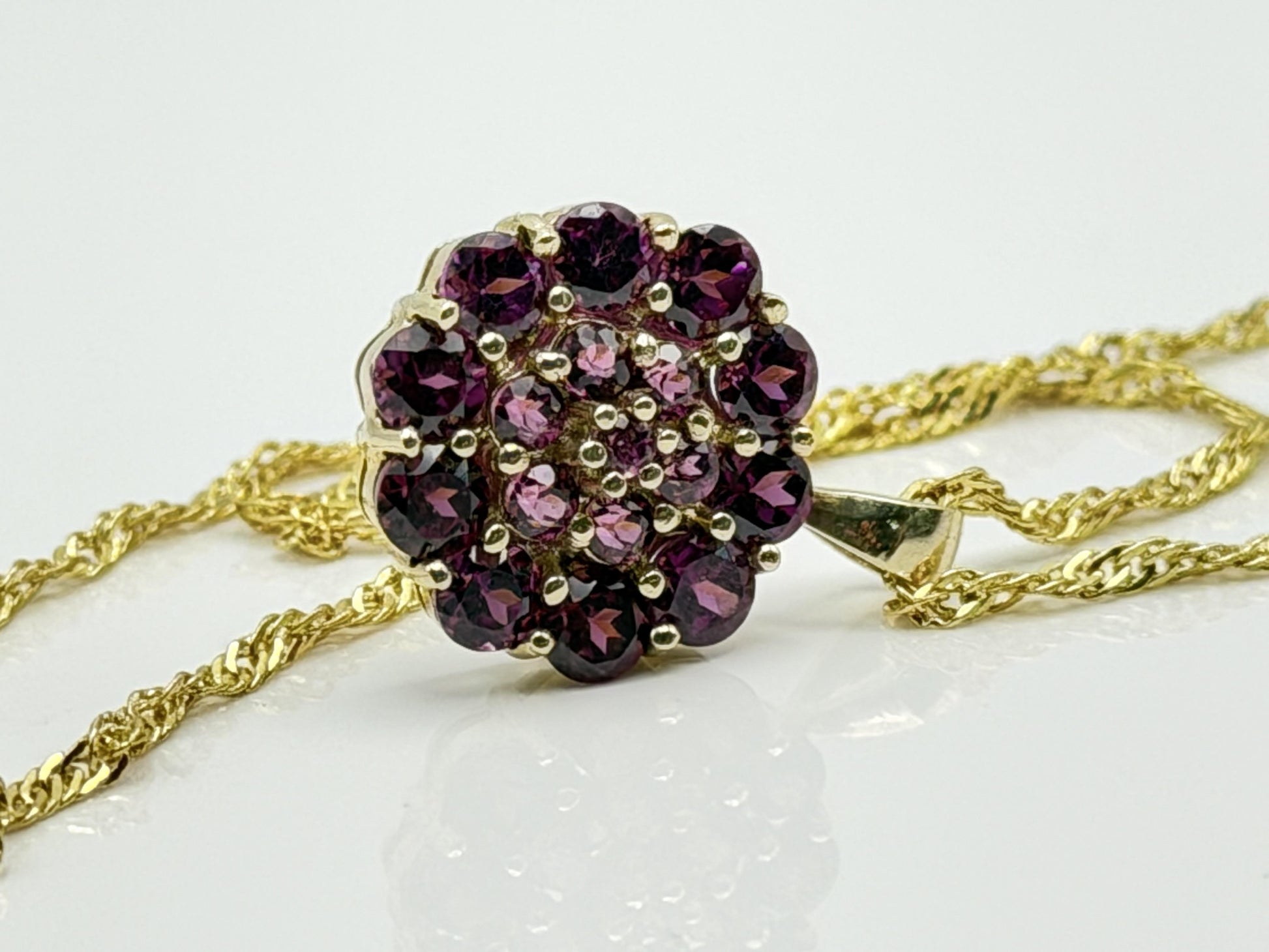10k Gold Pink Tourmaline Cluster Pendant Floral Design w/ Gold Filled 18k Chain