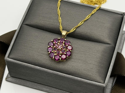 10k Gold Pink Tourmaline Cluster Pendant Floral Design w/ Gold Filled 18k Chain