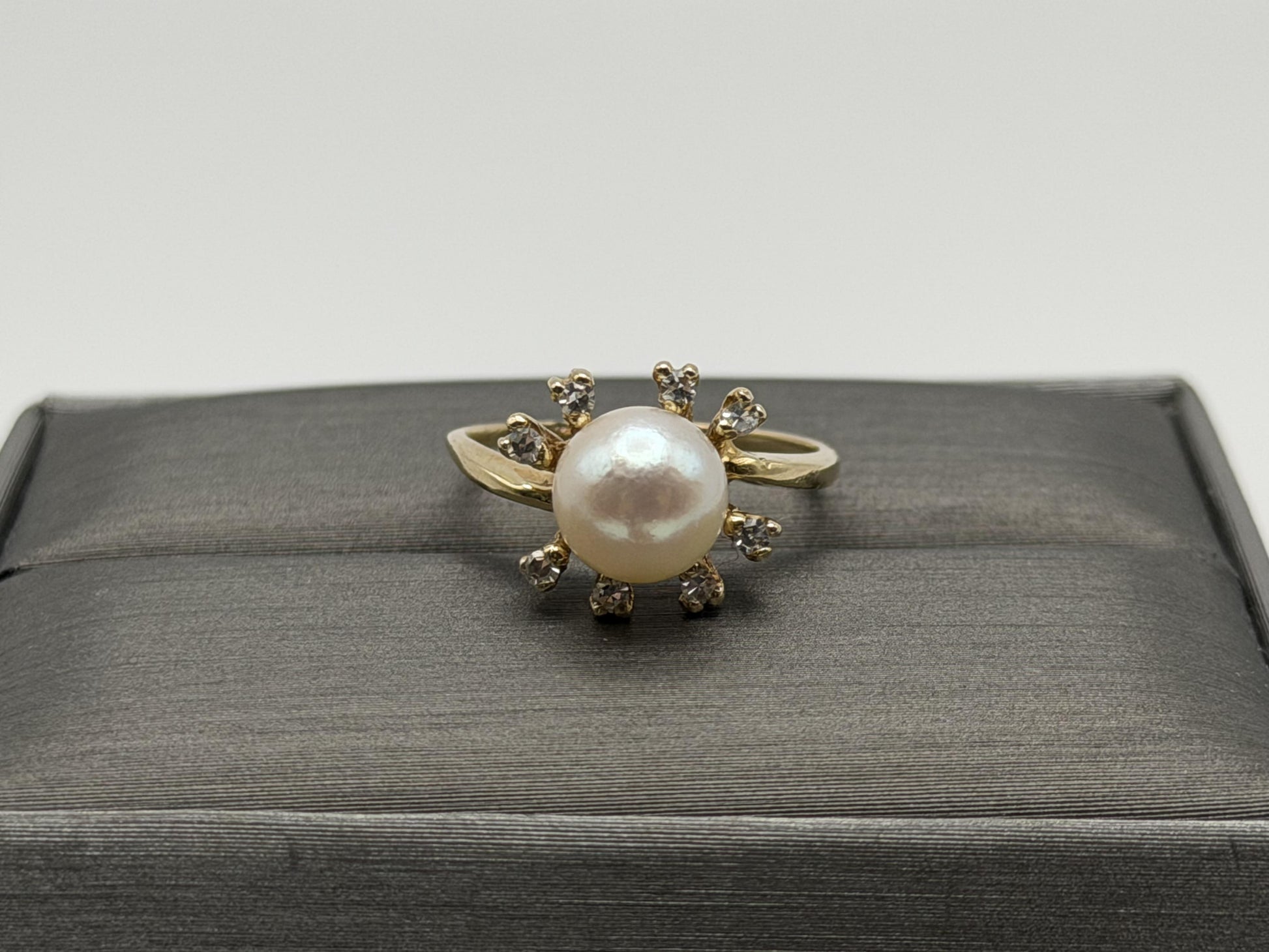 14k Pearl and Diamond Yellow Gold Cluster Ring. Flower Cocktail Ring. Statement