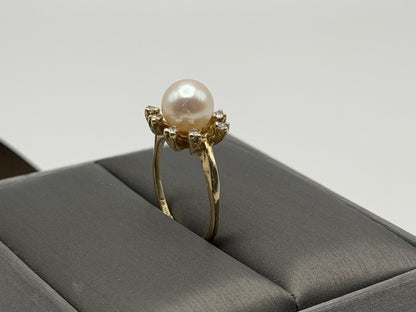 14k Pearl and Diamond Yellow Gold Cluster Ring. Flower Cocktail Ring. Statement