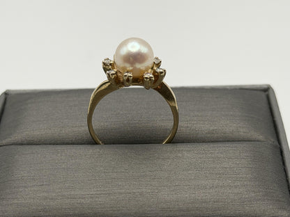 14k Pearl and Diamond Yellow Gold Cluster Ring. Flower Cocktail Ring. Statement