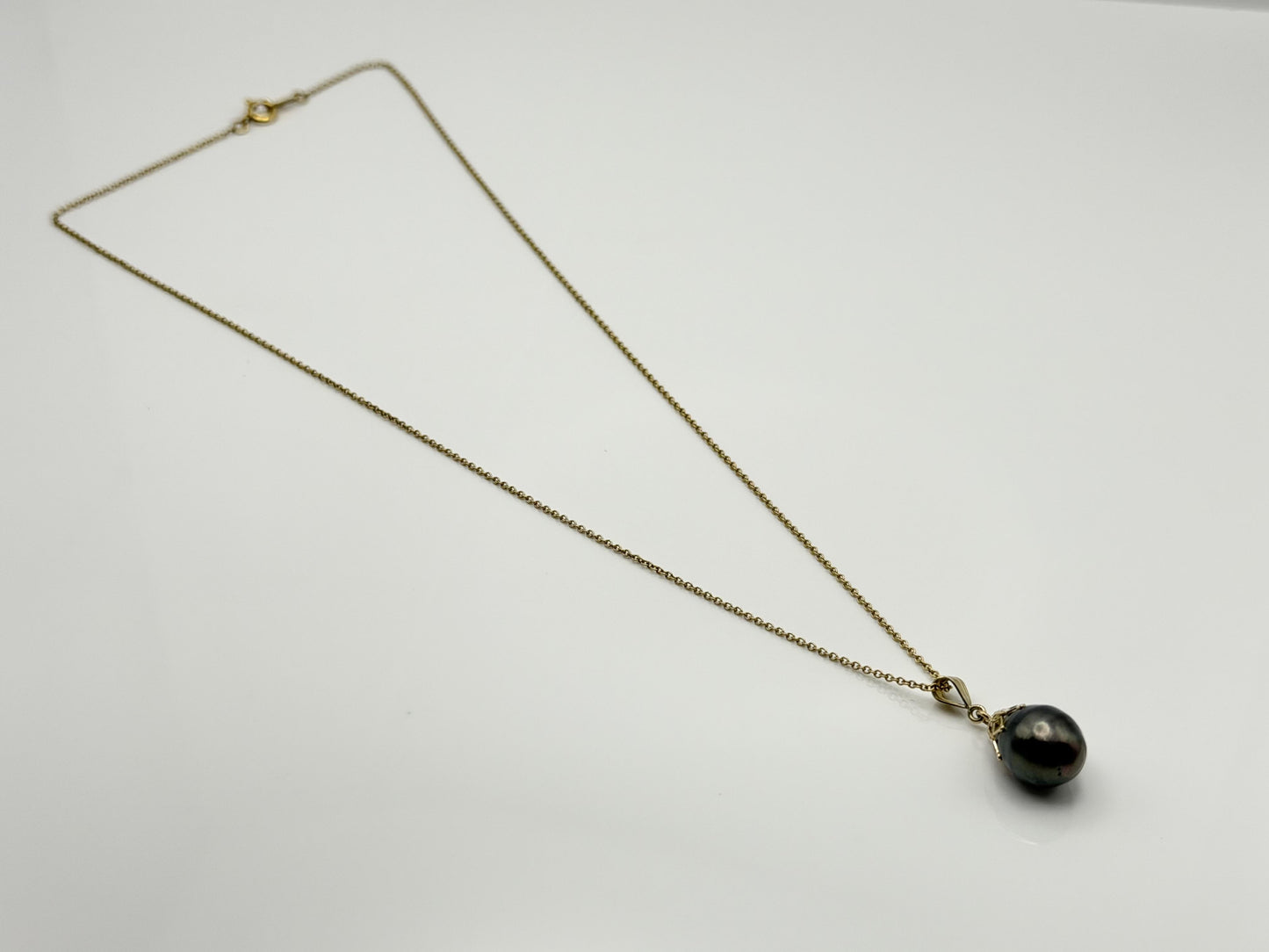 14K Gold Black Tahitian Pearl Necklace 9.8 mm Black Pearl Necklace Gold Chain
