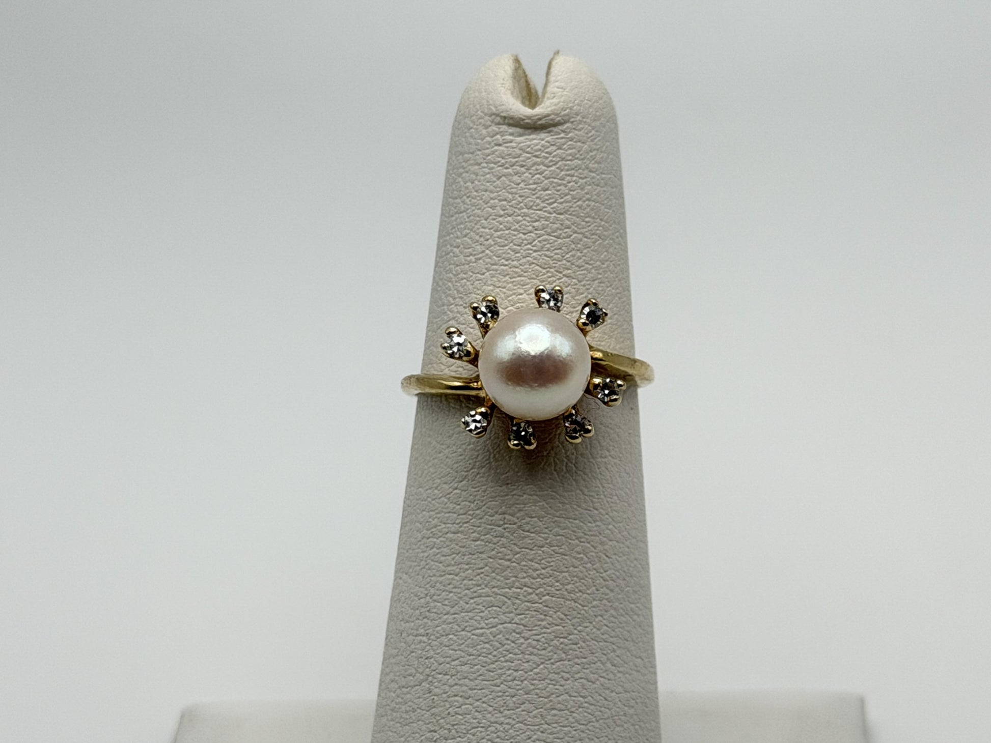 14k Pearl and Diamond Yellow Gold Cluster Ring. Flower Cocktail Ring. Statement