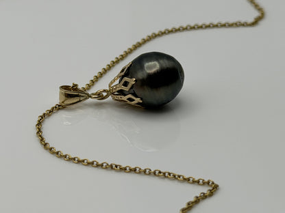 14K Gold Black Tahitian Pearl Necklace 9.8 mm Black Pearl Necklace Gold Chain