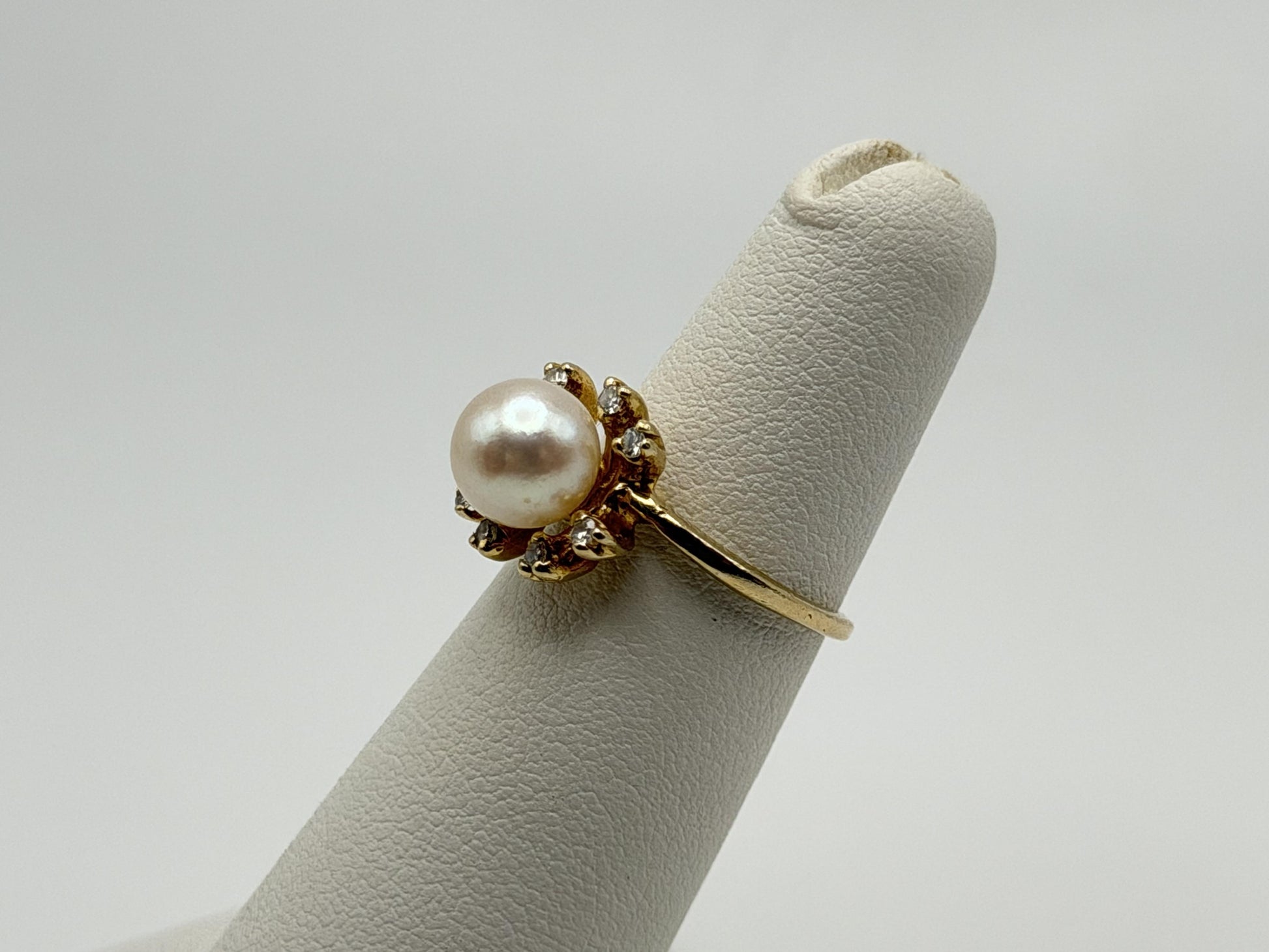 14k Pearl and Diamond Yellow Gold Cluster Ring. Flower Cocktail Ring. Statement