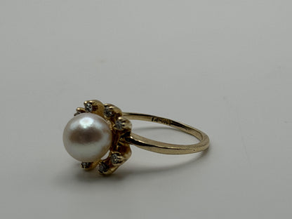 14k Pearl and Diamond Yellow Gold Cluster Ring. Flower Cocktail Ring. Statement