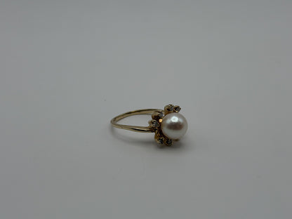 14k Pearl and Diamond Yellow Gold Cluster Ring. Flower Cocktail Ring. Statement