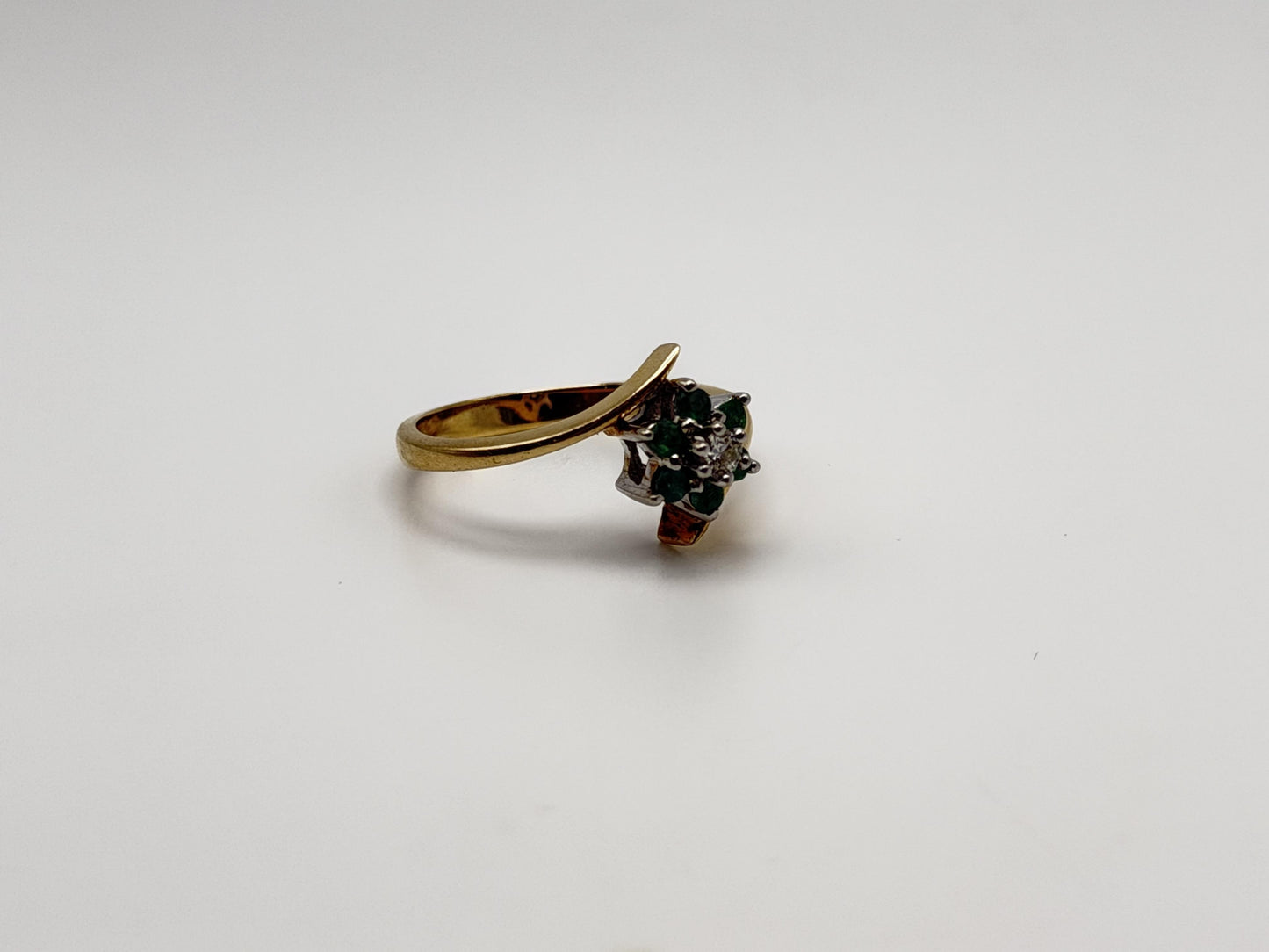 14k Yellow Gold Diamond and Green Emerald Flower Ring Dainty Flower Band