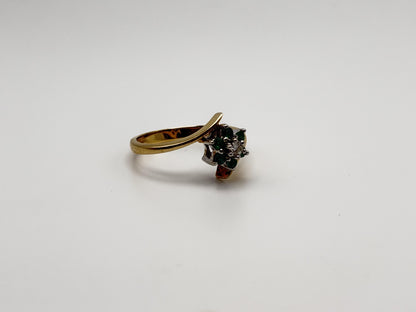 14k Yellow Gold Diamond and Green Emerald Flower Ring Dainty Flower Band