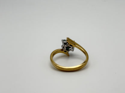 14k Yellow Gold Diamond and Green Emerald Flower Ring Dainty Flower Band
