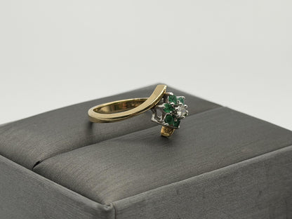 14k Yellow Gold Diamond and Green Emerald Flower Ring Dainty Flower Band