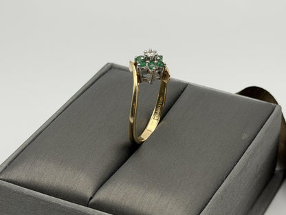 14k Yellow Gold Diamond and Green Emerald Flower Ring Dainty Flower Band