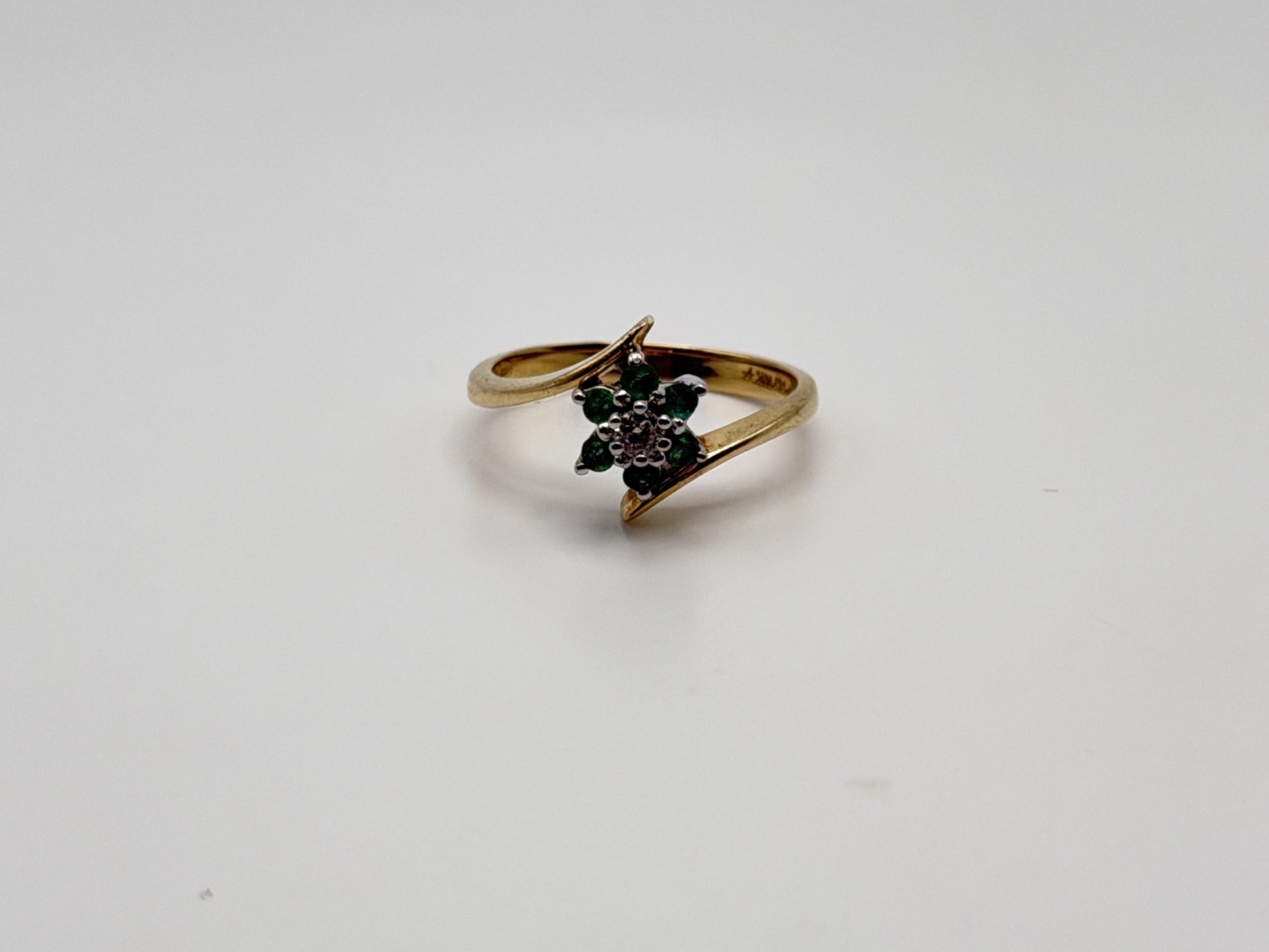 14k Yellow Gold Diamond and Green Emerald Flower Ring Dainty Flower Band