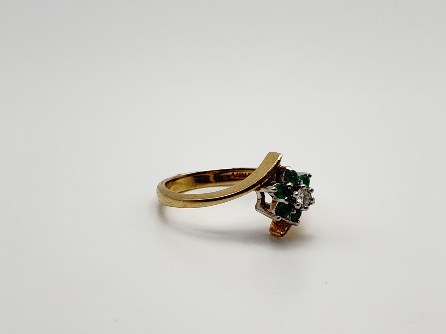 14k Yellow Gold Diamond and Green Emerald Flower Ring Dainty Flower Band