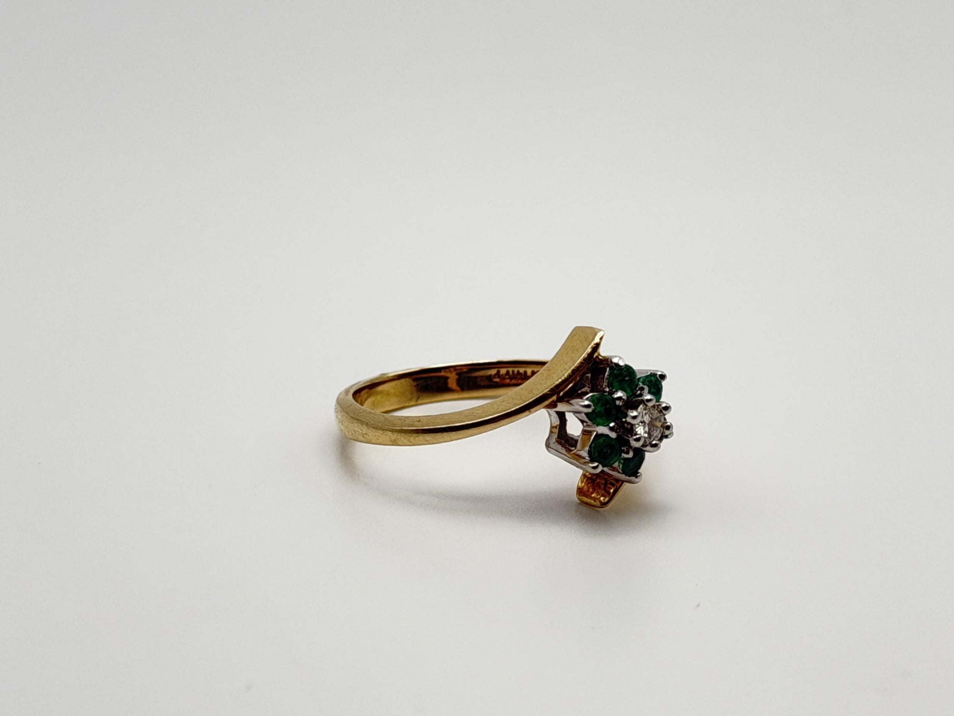 14k Yellow Gold Diamond and Green Emerald Flower Ring Dainty Flower Band