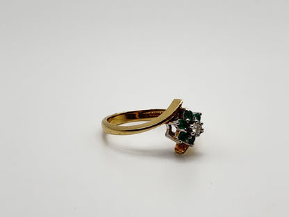 14k Yellow Gold Diamond and Green Emerald Flower Ring Dainty Flower Band