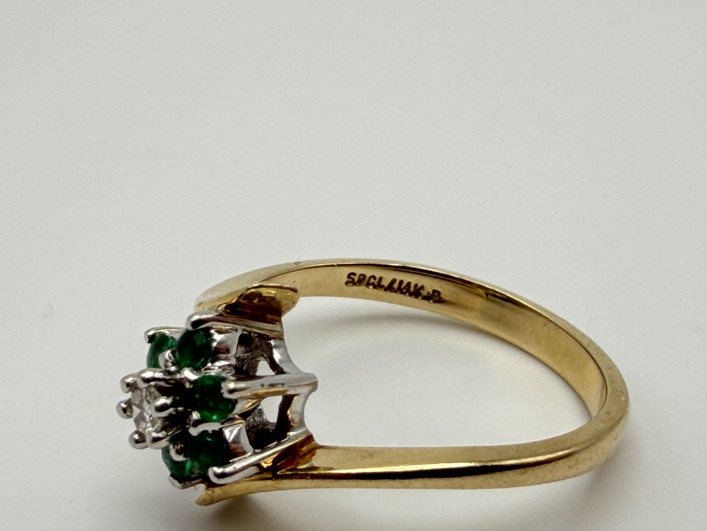14k Yellow Gold Diamond and Green Emerald Flower Ring Dainty Flower Band