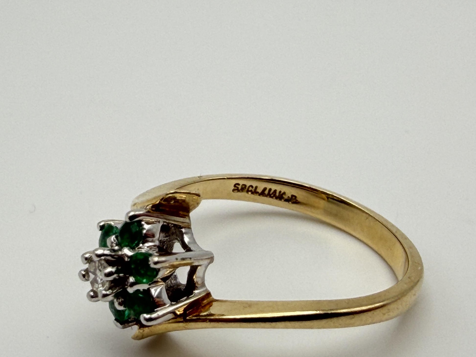 14k Yellow Gold Diamond and Green Emerald Flower Ring Dainty Flower Band