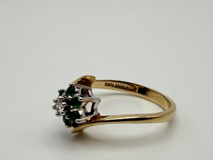 14k Yellow Gold Diamond and Green Emerald Flower Ring Dainty Flower Band